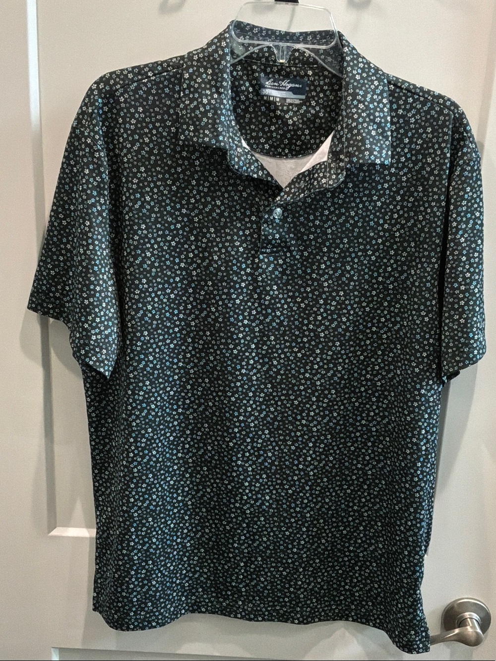 Ben Hogan Performance Medium Dark Teal Micro Floral Polo 3 Buttons Golf Mens